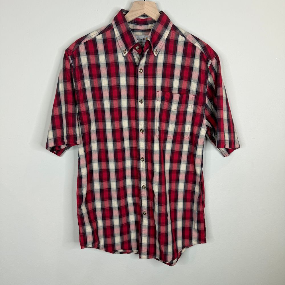 Carhartt Shirt Mens M Red Plaid Button Down Short Sleeve Cotton Casual Work Wear